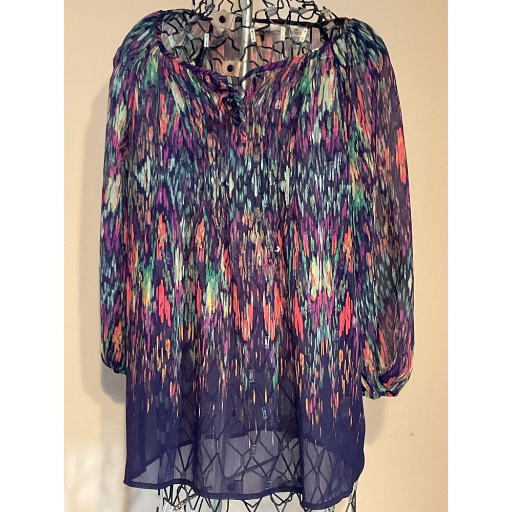Liz Claiborne Petite Sheer Chiffon Blouse PS Multi Color Abstract Tie Neck Top